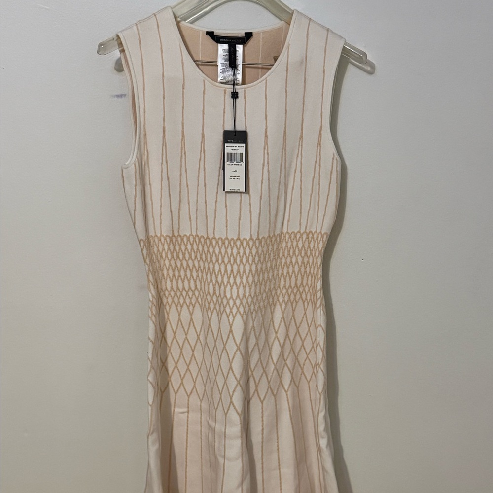 BCBGMaxAzria Cream and Tan Patterned Midi Dress